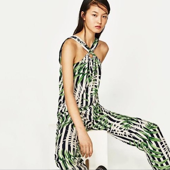 Zara Pants - ZARA leaf print striped jumpsuit size large